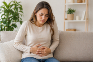 Vrouw met opgeblazen buik en buikpijn op de bank